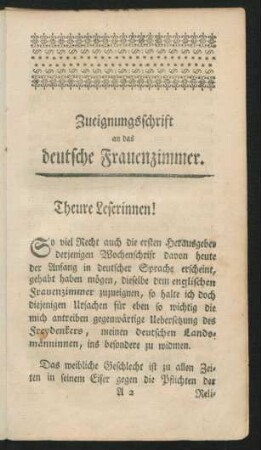 Zueignungsschrift an das deutsche Frauenzimmer.