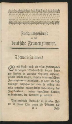 Zueignungsschrift an das deutsche Frauenzimmer.