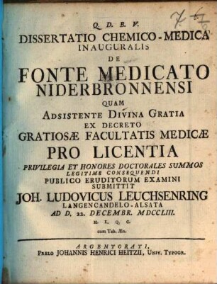 Dissertatio Chemico-Medica Inauguralis De Fonte Medicato Niderbronnensi