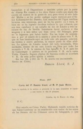 Núm. 157. Carta del P. Ramón Llord al R. P. Juan Heras