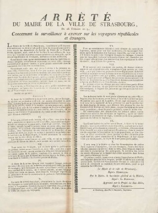 Arrêté du maire de la ville de Strasbourg, du 26 Frimaire an 9, concernant la surveillance à exercer sur les voyageurs républicoles et étrangers