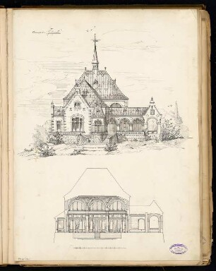 Badehaus an einer Quelle Monatskonkurrenz Dezember 1892: Aufriss Vorderansicht, Längsschnitt; Maßstabsleiste