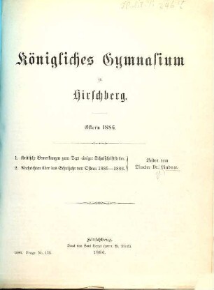 Königliches Gymnasium zu Hirschberg i. Schl. : Ostern .... 1885/86