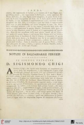 Notizie di Baldassarre Peruzzi a sua Eccellenza il Signor Principe D. Sigismondo Chigi