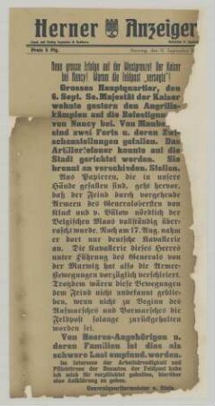 "Neue grosse Erfolge auf der Westgrenze! Der Kaiser bei Nancy! Warum die Feldpost 'versagte'."