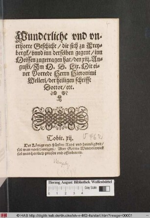 Wunderliche und unerhorte Geschicht, die sich zu Freybergk, unnd inn derselben gegent, inn Meissen zugetragen hat, den xiij. Augusti, Jm M. D. L ix.