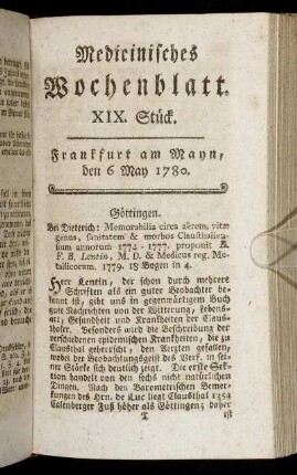 XIX. Stück. Frankfurt am Mayn, den 6 May 1780. - XXII. Stück. Frankfurt am Mayn, den 27 May 1780.