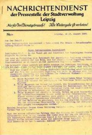 Interner Nachrichtendienst der Stadtverwaltung Leipzig u.a. zur bedingungslosen Kapitulation Japans und zur Verurteilung von Petain zum Tode ("Nur für den Dienstgebrauch")