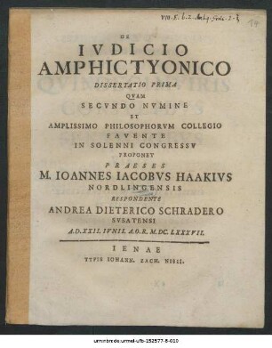 De Iudicio Amphictyonico Dissertatio Prima