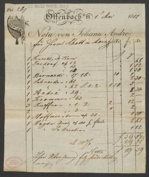 [Rechnung] Nota von Johann André : 01.05.1811