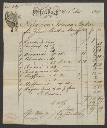 [Rechnung] Nota von Johann André : 01.05.1811