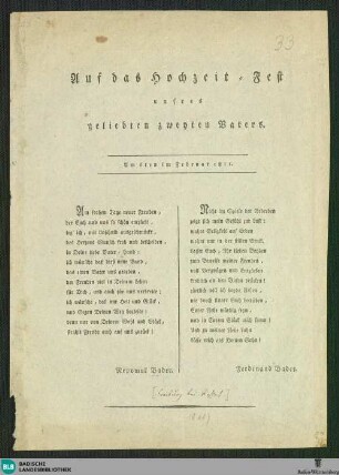 Auf das Hochzeit-Fest unsres geliebten zweyten Vaters : am 6ten im Februar 1811; [Gedicht]