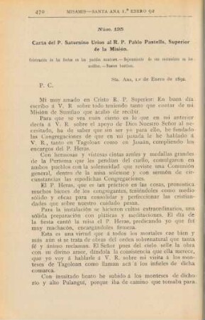 Núm. 135. Carta del P. Saturnino Úrios al R. P. Pablo Pastells, Superior de la Misión