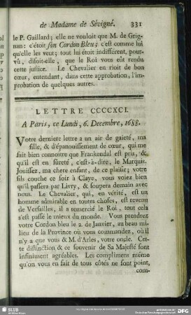 Lettre CCCCXCI. A Paris, ce Lundi, 6. Décembre, 1688