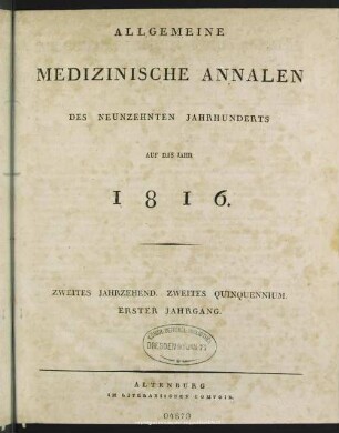 1816: Allgemeine medizinische Annalen des neunzehnten Jahrhunderts