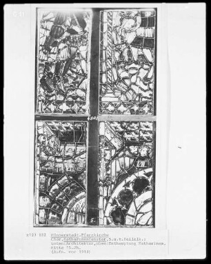 Katharinenfenster: Architektur (unten) und Enthauptung der heiligen Katharina (oben)