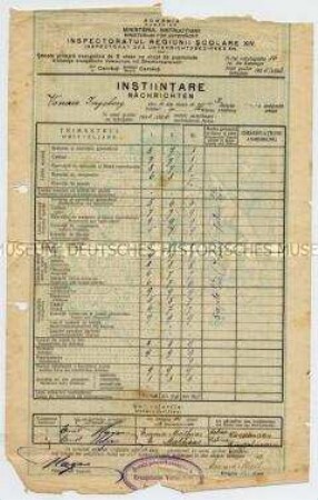 Zeugnis der evangelischen Volksschule in Cernauti für Ingeborg Vonau (deutsch, rumänisch) - Familienkonvolut