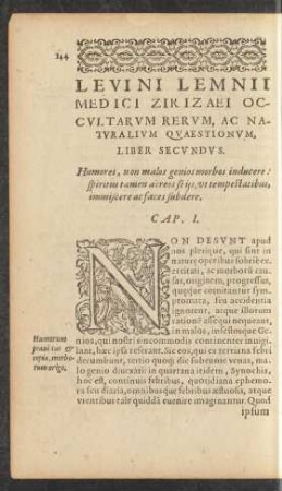 Levini Lemnii Medici Zirizaei Occultarum Rerum, Ac Naturalium Quaestionum, Liber Secundus.