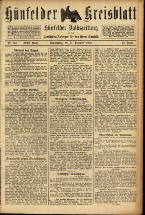 Erste Ausgabe vom Donnerstag, den 21. Dezember 1922.