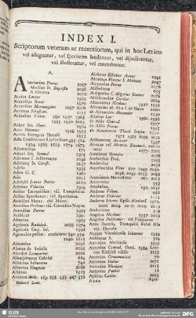 Index I. Scriptorum veterum ac recentorium, qui in hoc Lexico vel allegantur, vel speciatim laudantur, vel dijudicantur, vel illustrantur, vel emendantur