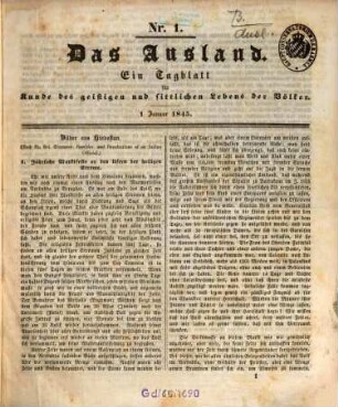 Das Ausland : Wochenschrift für Erd- und Völkerkunde. 18, 1. 1845