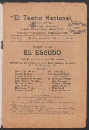 1920009000: El escudo : comedia en tres actos y en prosa