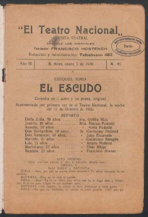 1920009000: El escudo : comedia en tres actos y en prosa