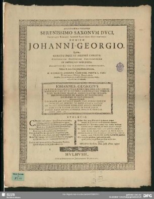 Annagramma-Votivum Serenissimo Saxonum Duci ... Electori Septemviro: Domino Johanni-Georgio, Quum ... Electoralem Conventum Pacificatorium In Imperiali Mulhusa ... Sua Praesentia Cohonestaret