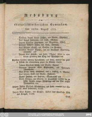 Redeübung im evangelischlutherischen Gymnasium, den 28sten August 1777.