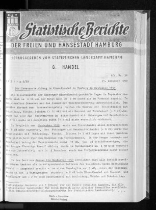 Die Umsatzentwicklung im Einzelhandel in Hamburg im September 1959 : Lfd. Nr. 36