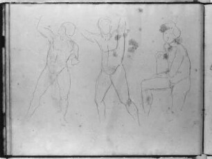Drei männliche Aktstudien nach dem lebenden Modell : Rietschel, Ernst. Drei männliche Aktstudien nach dem lebenden Modell. Skizzenbuch C, fol. 12v. Bleistift; 17,3 x 22,4 cm (Blattgröße). Um 1825/1830; 1855. Privatbesitz. WVZ S. 302