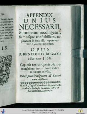 Appendix Unius Necessarii, summatim recolligens, firmiusque constabiliens…