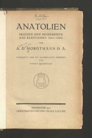 Anatolien : Skizzen und Reisebriefe aus Kleinasien (1850 - 1859)