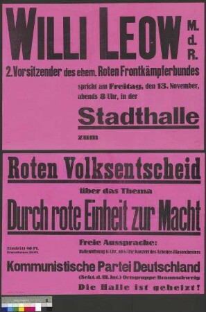 Plakat der KPD zu einer Wahlkundgebung am 13. November 1931 in Braunschweig