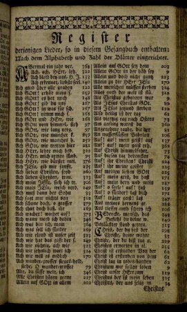 Register derjenigen Lieder, so in diesem Gesangbuch enthalten:[...]