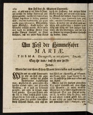 162-186, Am Fest der Himmelfahrt Mariae. - Am Geburts-Tag der seeligsten Jungfrau Mariae.
