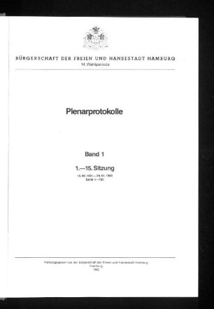 Wahlper. 14.1991/93, Bd. 1: Plenarprotokoll // Bürgerschaft der Freien und Hansestadt Hamburg