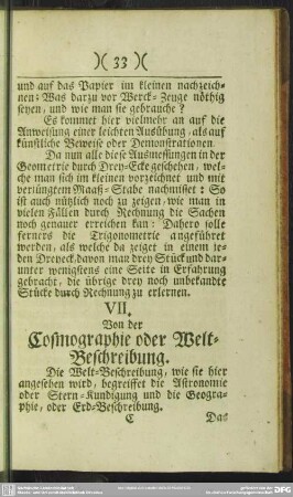 VII. Von der Cosmographie oder Welt-Beschreibung