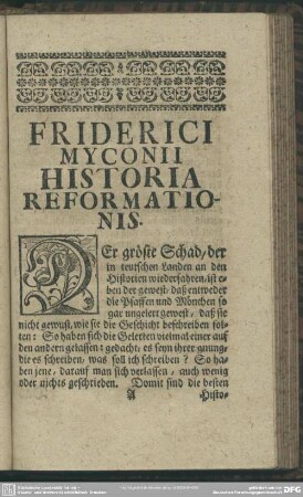 Friderici Myconii Historia Reformationis