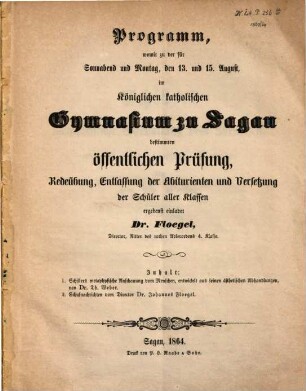 Programm des Königl. Katholischen Gymnasiums zu Sagan : über das Schuljahr ..., 1863/64