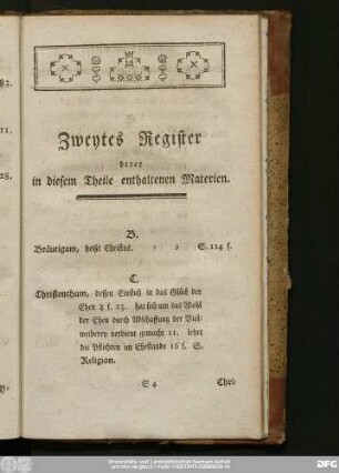 Zweytes Register derer in disem Theile enthaltenen Materien.