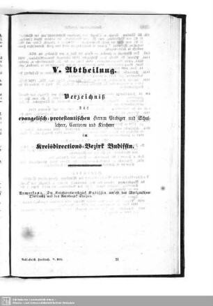 V. Abtheilung. Verzeichniß der evangelisch-protestantischen Herren Prediger und Schullehrer, Cantoren und Kirchner im Kreisdirections-Bezirk Budissin
