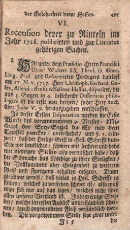 VI. Recension derer zu Rinteln im Jahr 1728. publicirten und zur Literatur gerhörigen Sachen.