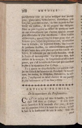 Article Premier. De la nourriture des Pensionnaires.