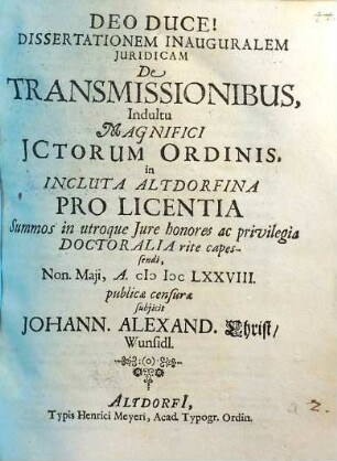 Dissertationem inauguralem iuridicam de transmissionibus