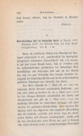 552-555 [Rezension] Woerl, Leo, Welt-Rundschau über die katholische Presse zu Neujahr 1878