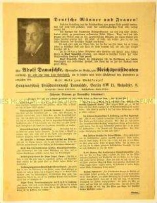 Programmatisches Flugblatt mit Wahlvorschlag von Adolf Damaschke als Kandidat für die Reichspräsidentschaft