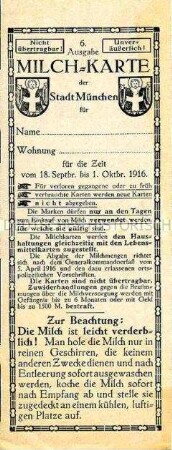 Milchkarte der Stadt München (blanko)