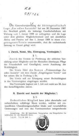 I. Zweck, Name, Sitz, Eintragung, Vereinsjahr.