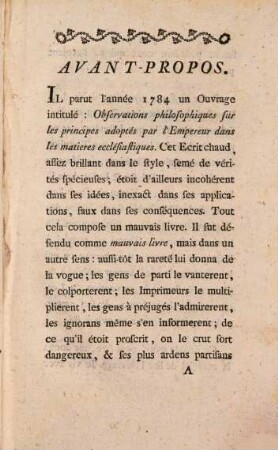 Mémoire historique, politique et critique, sur les droits de l'empereur en matière ecclésiastique : servant de réponse à l'ouvrage qui a pour titre: Observations philosophiques sur les principes adoptés par l'empereur dans les matières ecclésiastiques